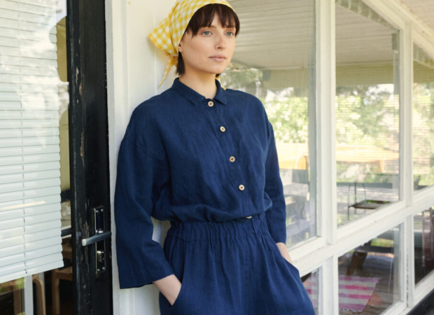 A button-down linen jumpsuit with an elasticated waist