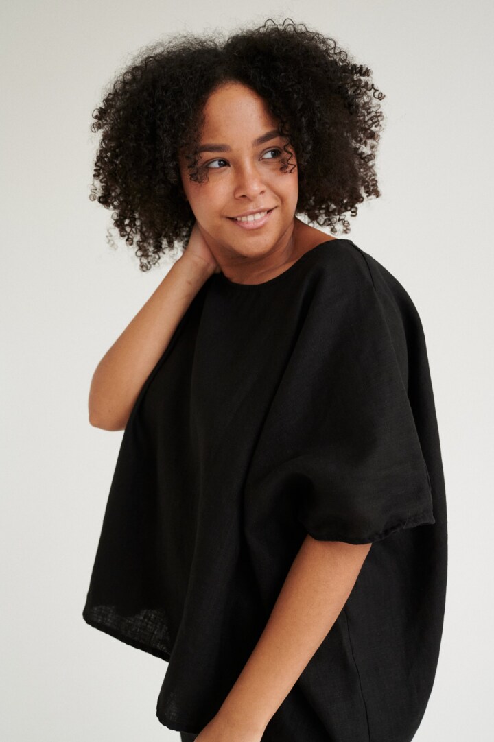 Black boxy linen top with one size fit and wide silhouette