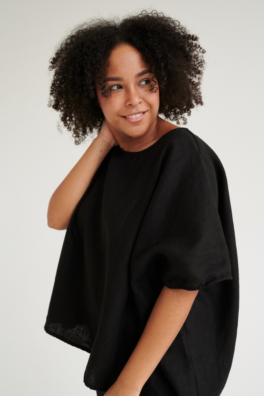 Black boxy linen top with one size fit and wide silhouette