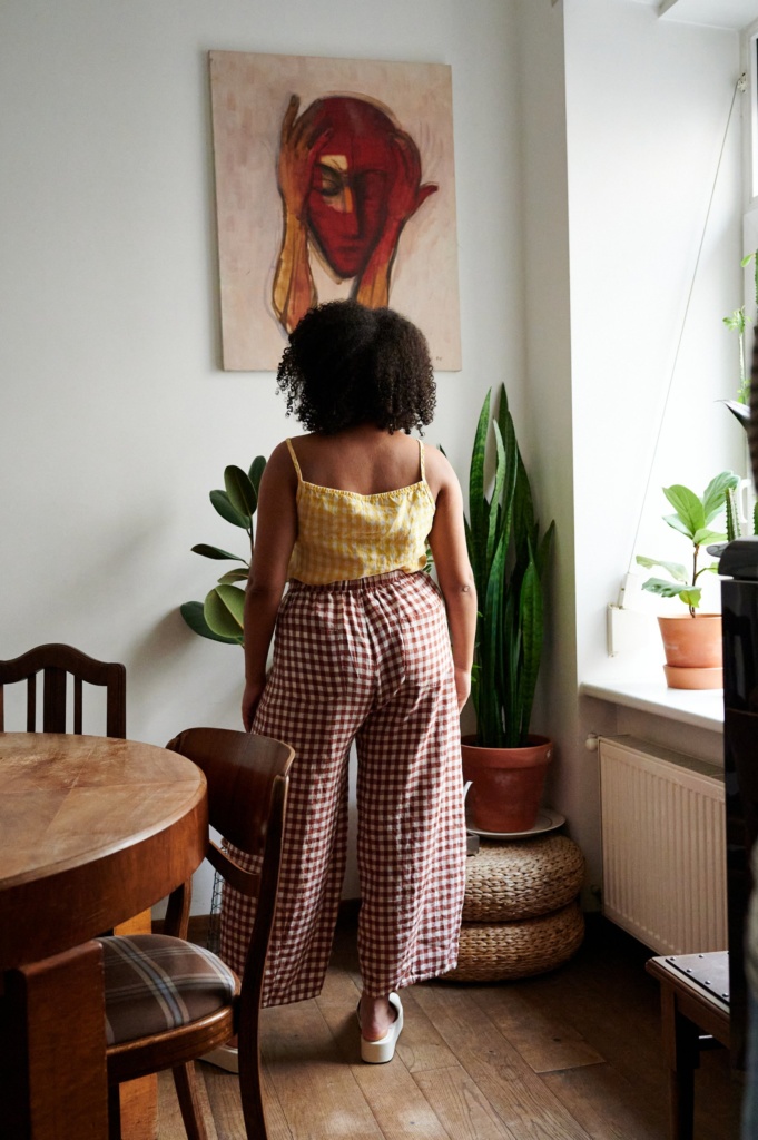 The back of brown gingham linen trousers