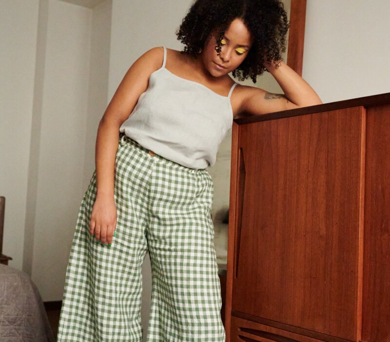 Pine Green Gingham Linen Trousers Linen Pants Wide Leg Linen Trousers
