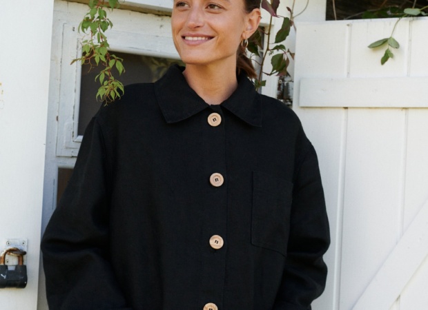 Relaxed fit black heavy linen utility jacket with wooden buttons and pockets