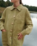 Olive linen chore jacket with patch pockets and button front