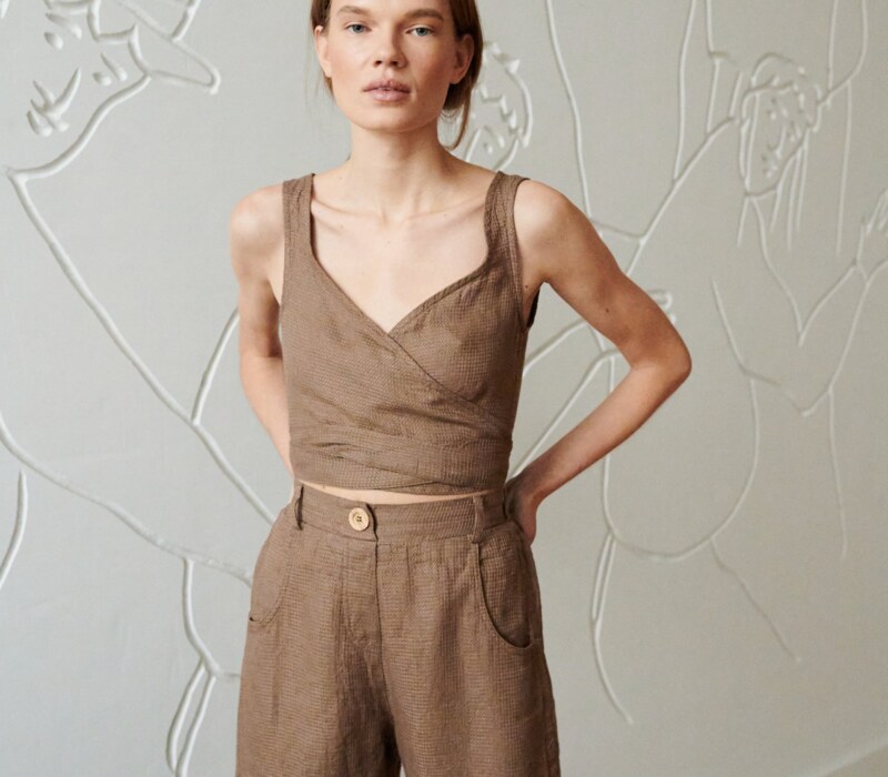 light brown waffle linen sleeveless wrap top