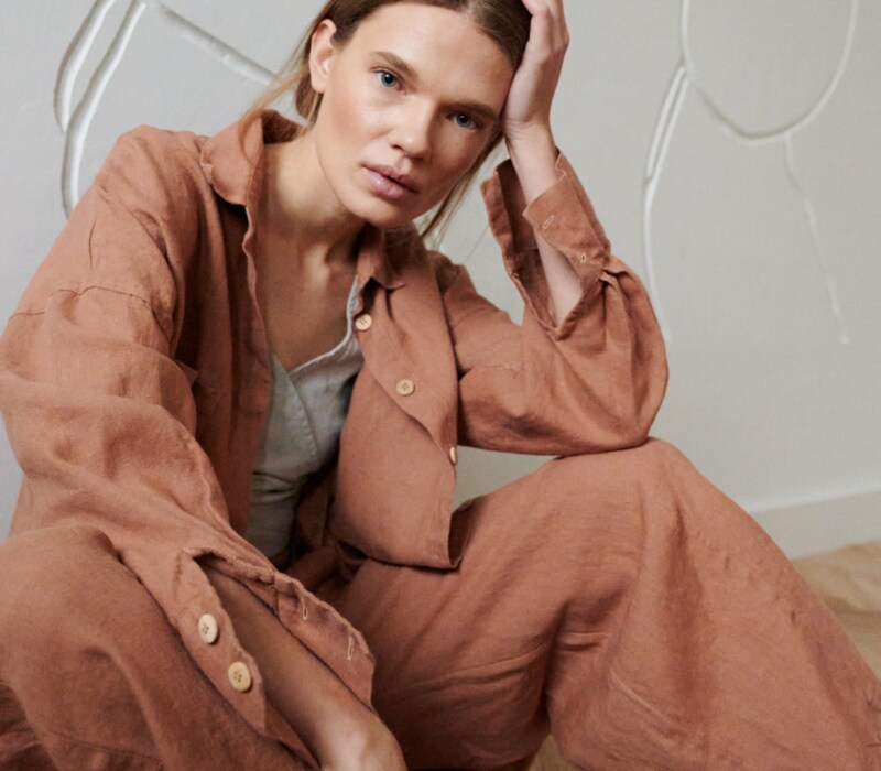 summer linen oversized shirt with wooden buttons