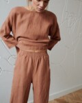 elasticated linen trousers and a matching top in mocha linen
