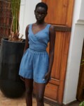Stellar blue wrap linen top with crossover front and waist ties