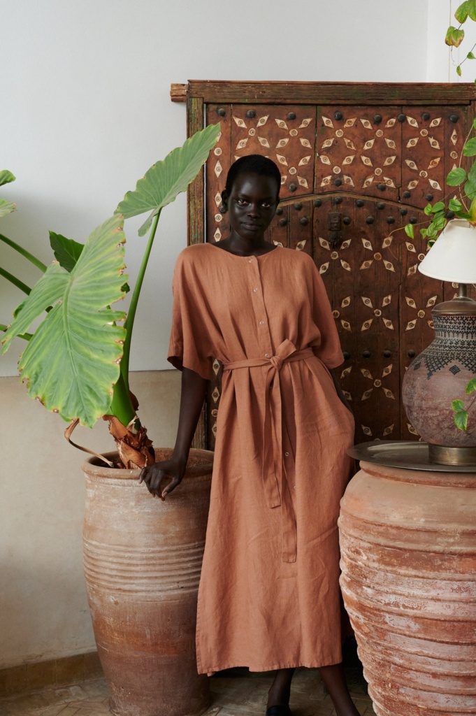 model wearing maxi linen dress