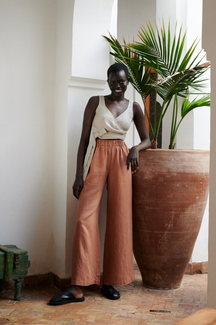 model is wearing wide leg linen pants