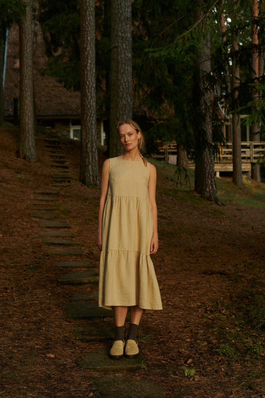 model wearing linen wool midi dress