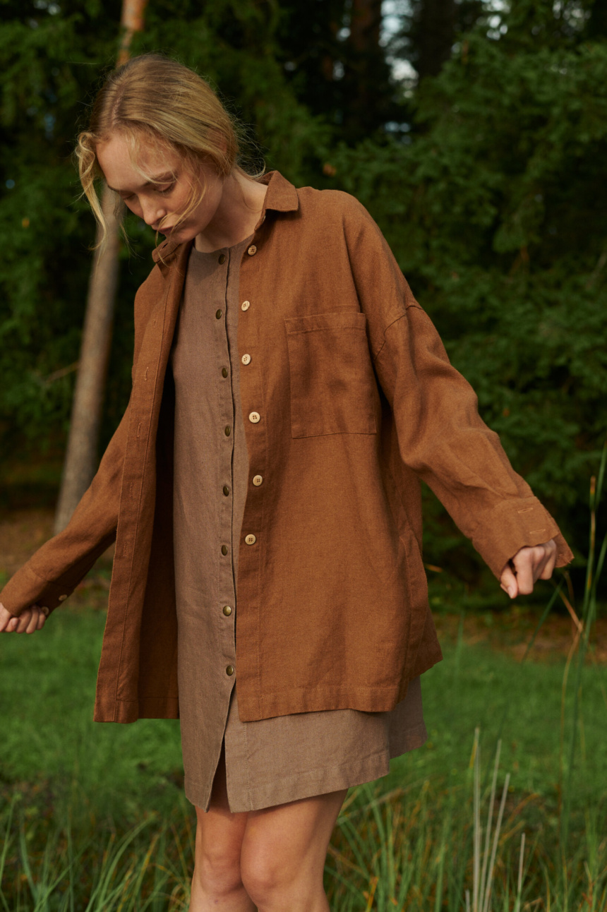 Brown wool button down shirt in linen wool blend with wooden buttons