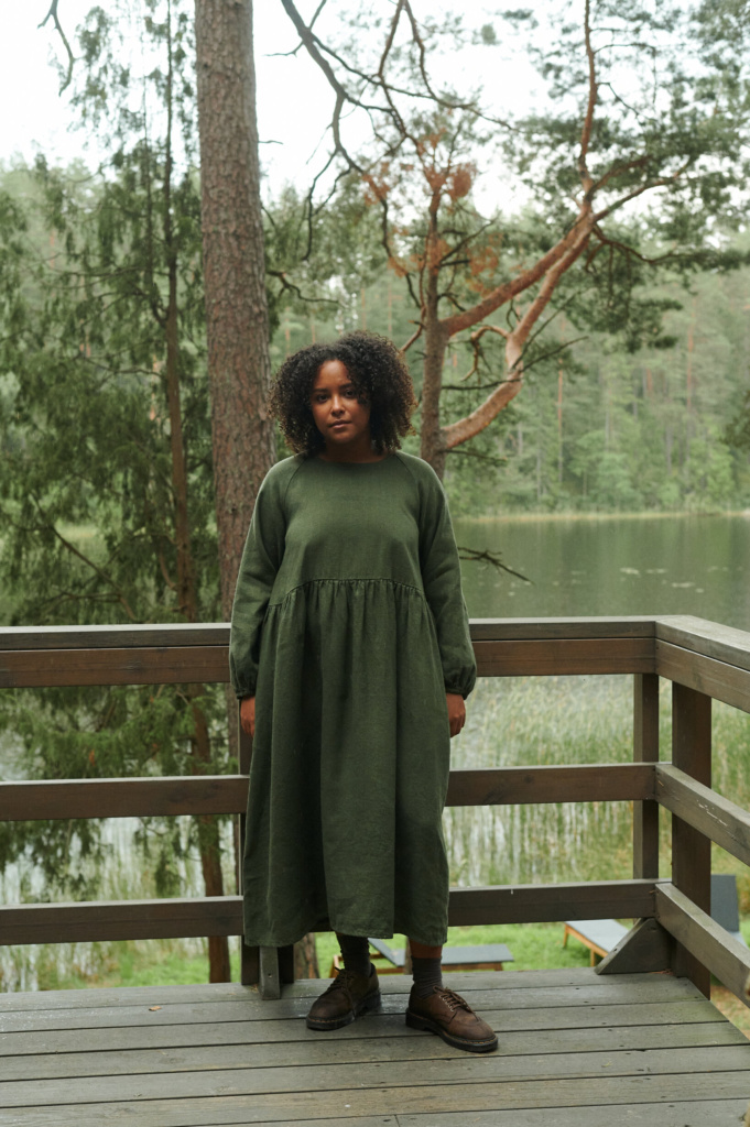margo linen wool blend dress in green worn by woman