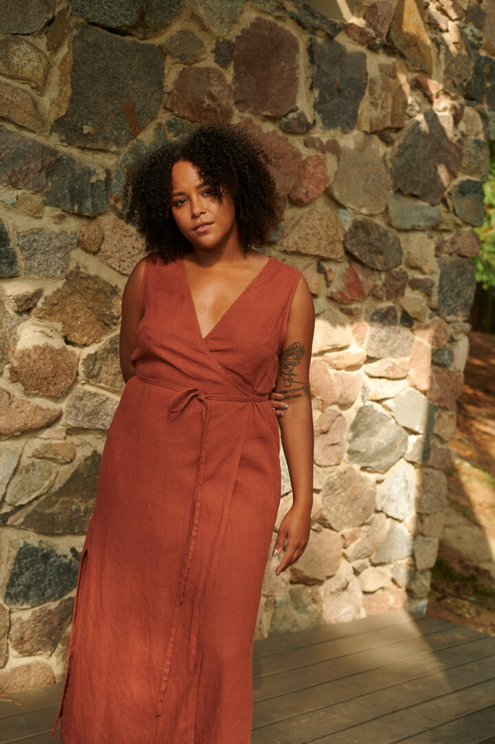 model wearing wrap linen dress
