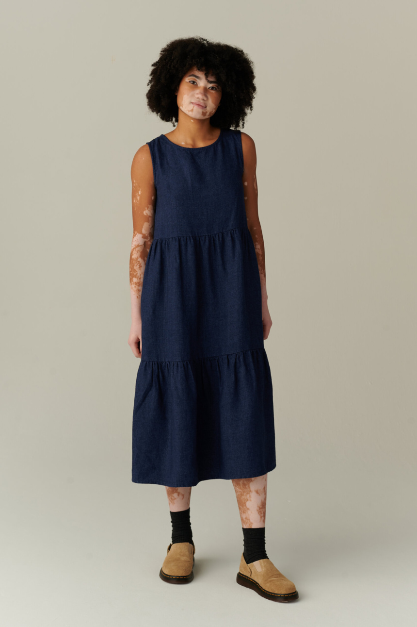 model is wearing linen wool blend dress