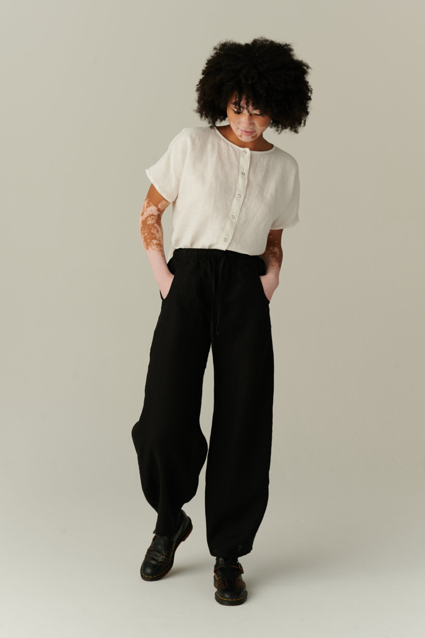 women wearing black linen drawstring pants