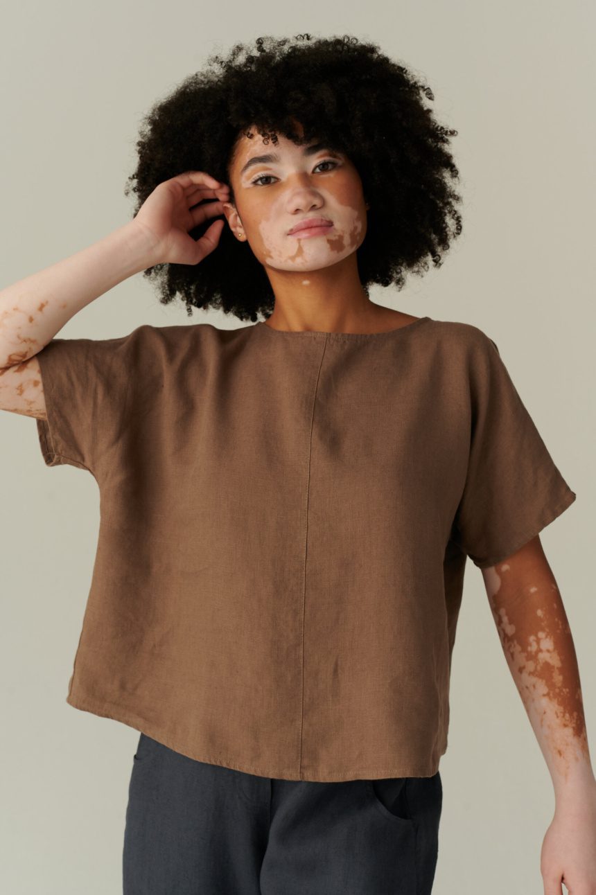 Brown linen top with boxy cropped fit and boat neckline
