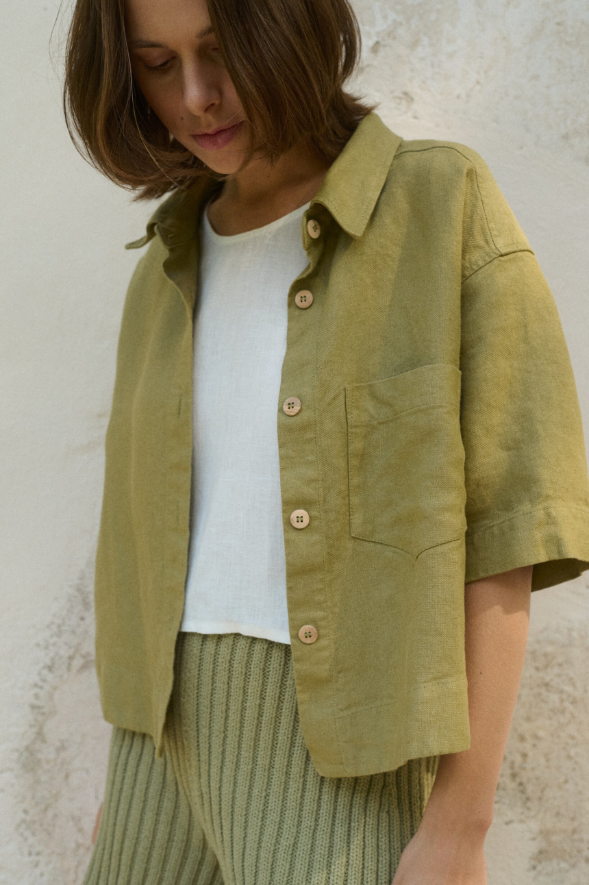 Heavy linen shirt with short sleeves, wooden buttons, and chest pocket