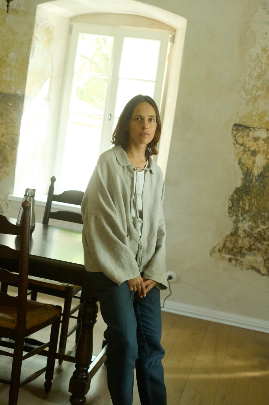 tie front jacket in natural linen color