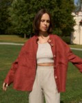 Linen button down jacket with band collar and relaxed fit