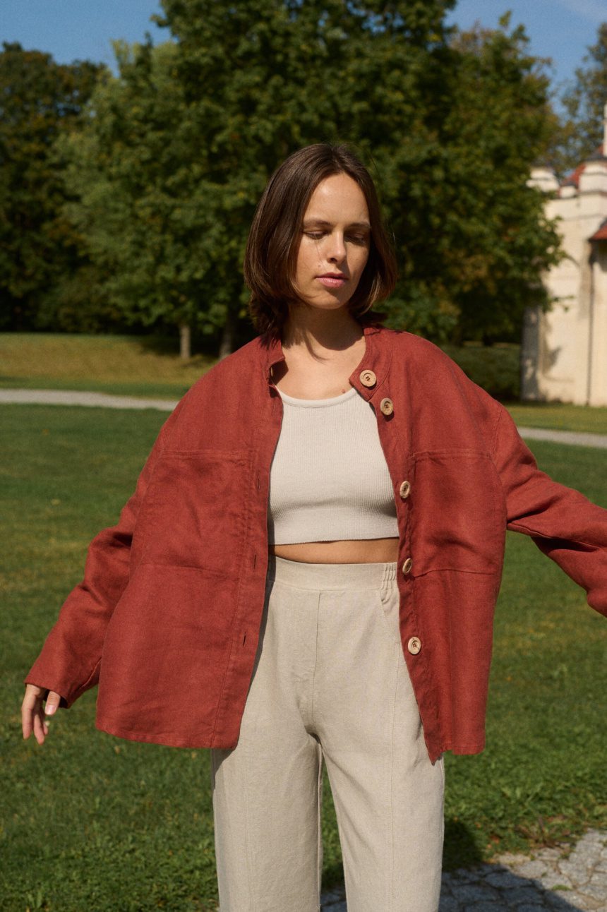 Linen button down jacket with band collar and relaxed fit