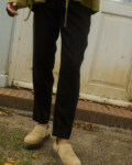 Black slightly cropped medium linen tapered leg trousers