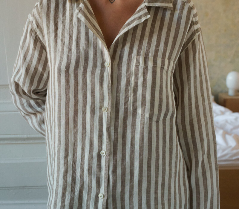 close-up of striped cacao long-sleeve linen shirt