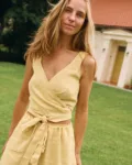 Butter yellow linen wrap top with matching wide leg trousers