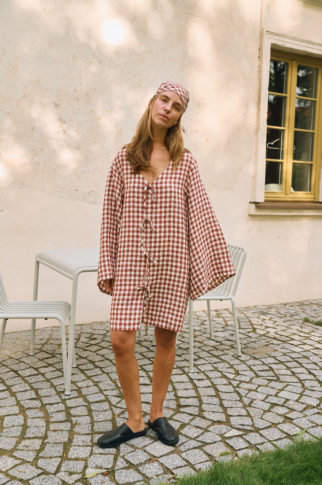 Terracotta gingham linen dress styled with matching headscarf