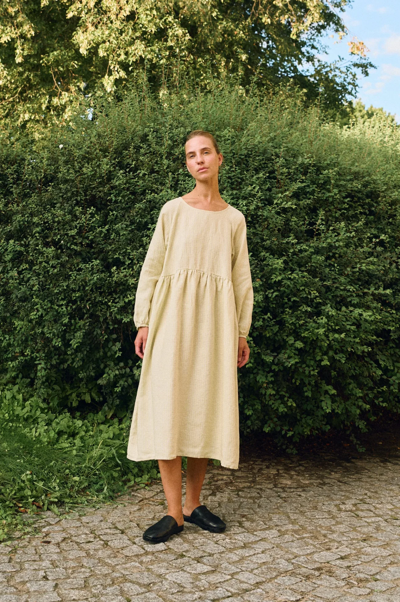 Apple checks linen midi dress with long sleeves and gathered waist seam