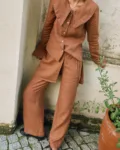 Mocha mousse linen blouse with oversized collar and matching wide-leg trousers