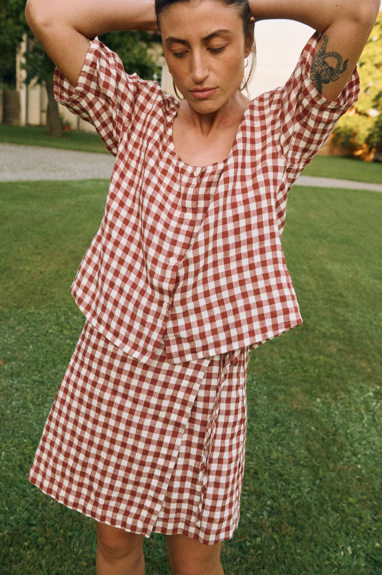 Terracotta gingham linen two piece set with relaxed fit blouse and mini wrap skirt