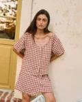 Terracotta gingham linen blouse with button front and matching wrap skirt