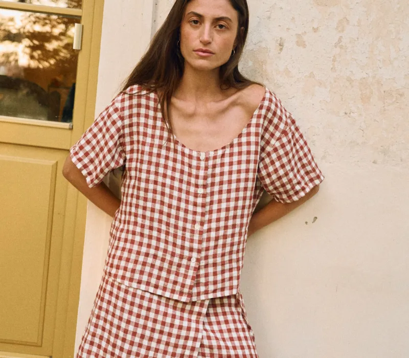 Terracotta gingham linen blouse with button front and matching wrap skirt
