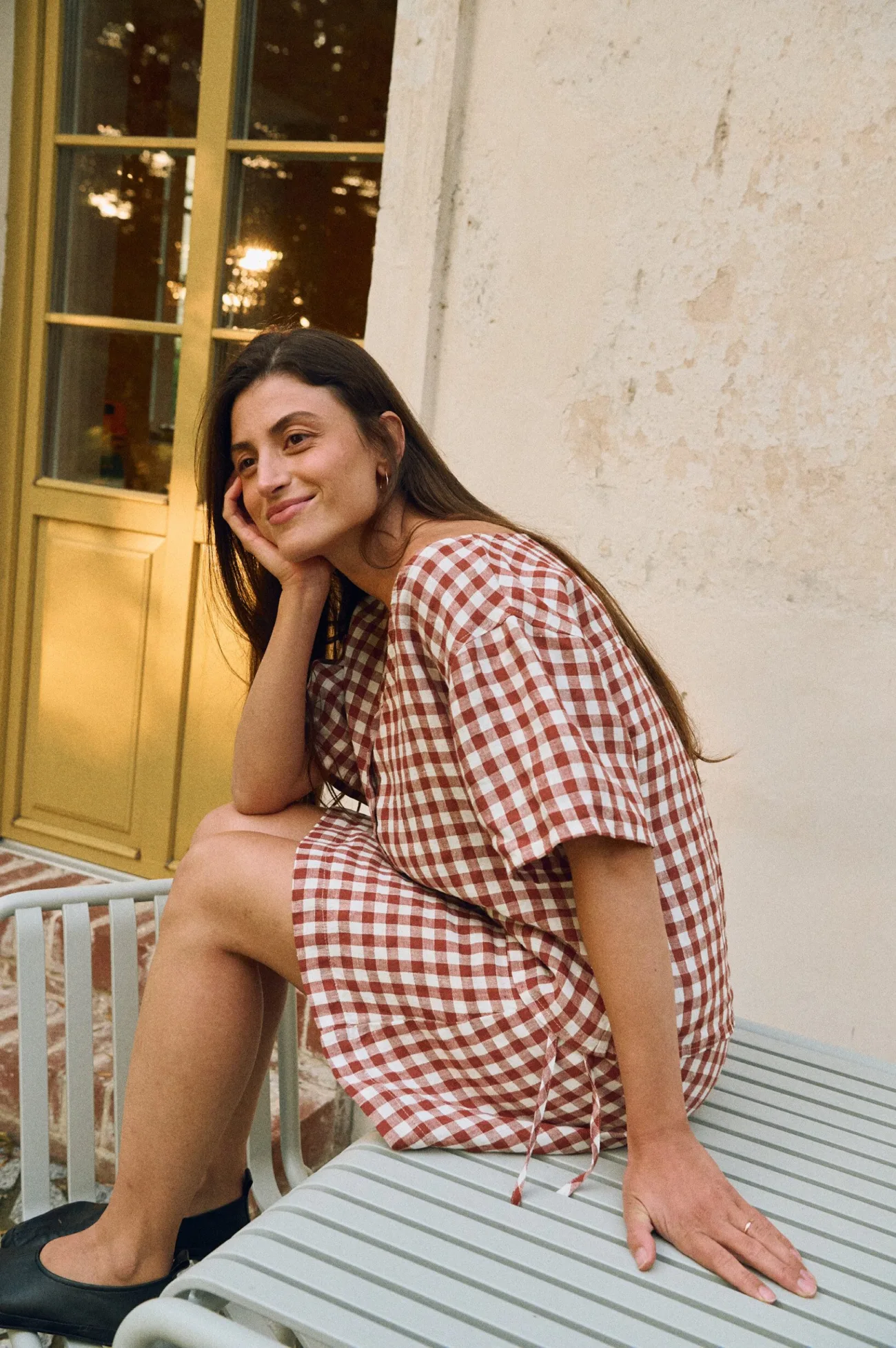 Terracotta gingham linen wrap skirt with tie detail styled with matching blouse