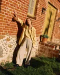 High-waisted natural cotton-linen blend trousers layered with butter yellow linen tank and oversized shirt
