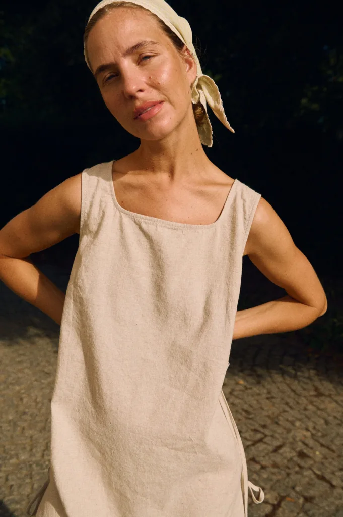 Natural cotton blend sleeveless dress with side ties, minimalist sustainable women’s fashion