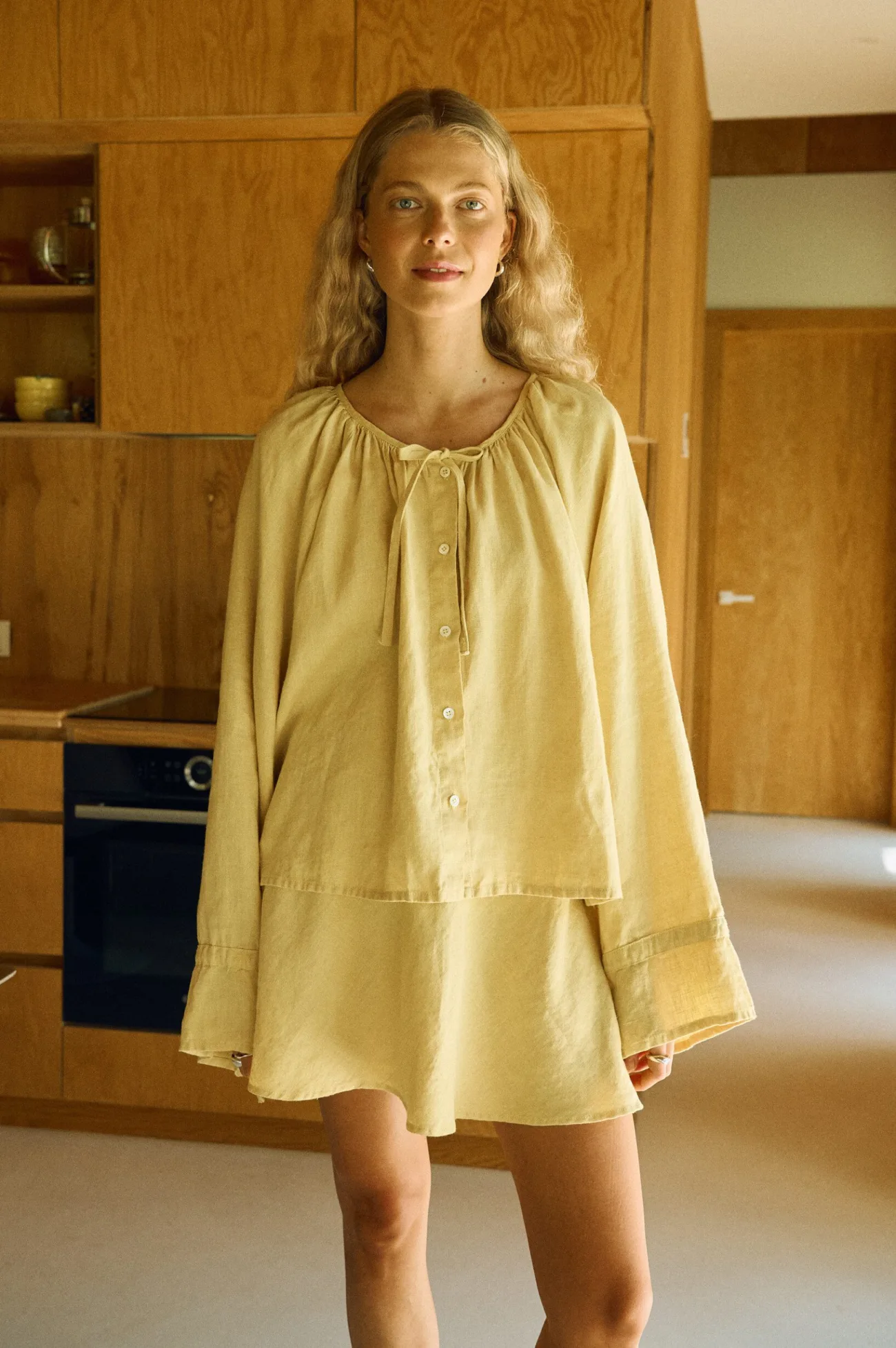 Butter yellow linen shirt and skirt combo front view