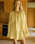 Butter linen two-piece outfit with balloon sleeve blouse and flared mini skirt