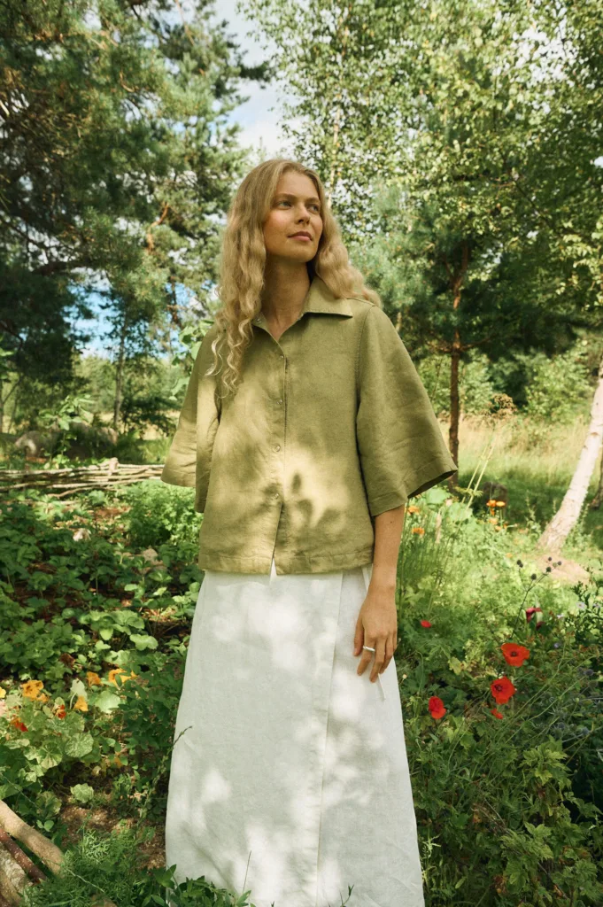 Olive linen snap closure shirt with natural linen wrap maxi skirt