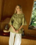Olive heavy linen button-up shirt with natural wide-leg linen pants