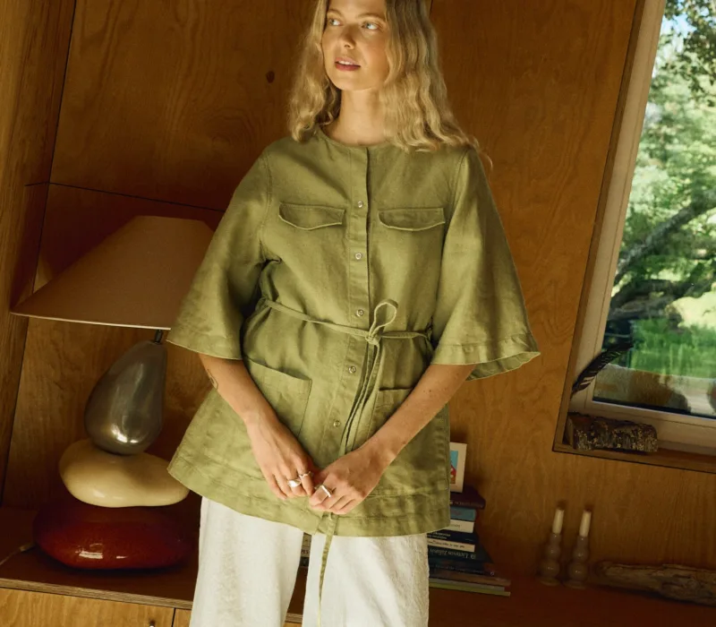 Olive heavy linen button-up shirt with natural wide-leg linen pants