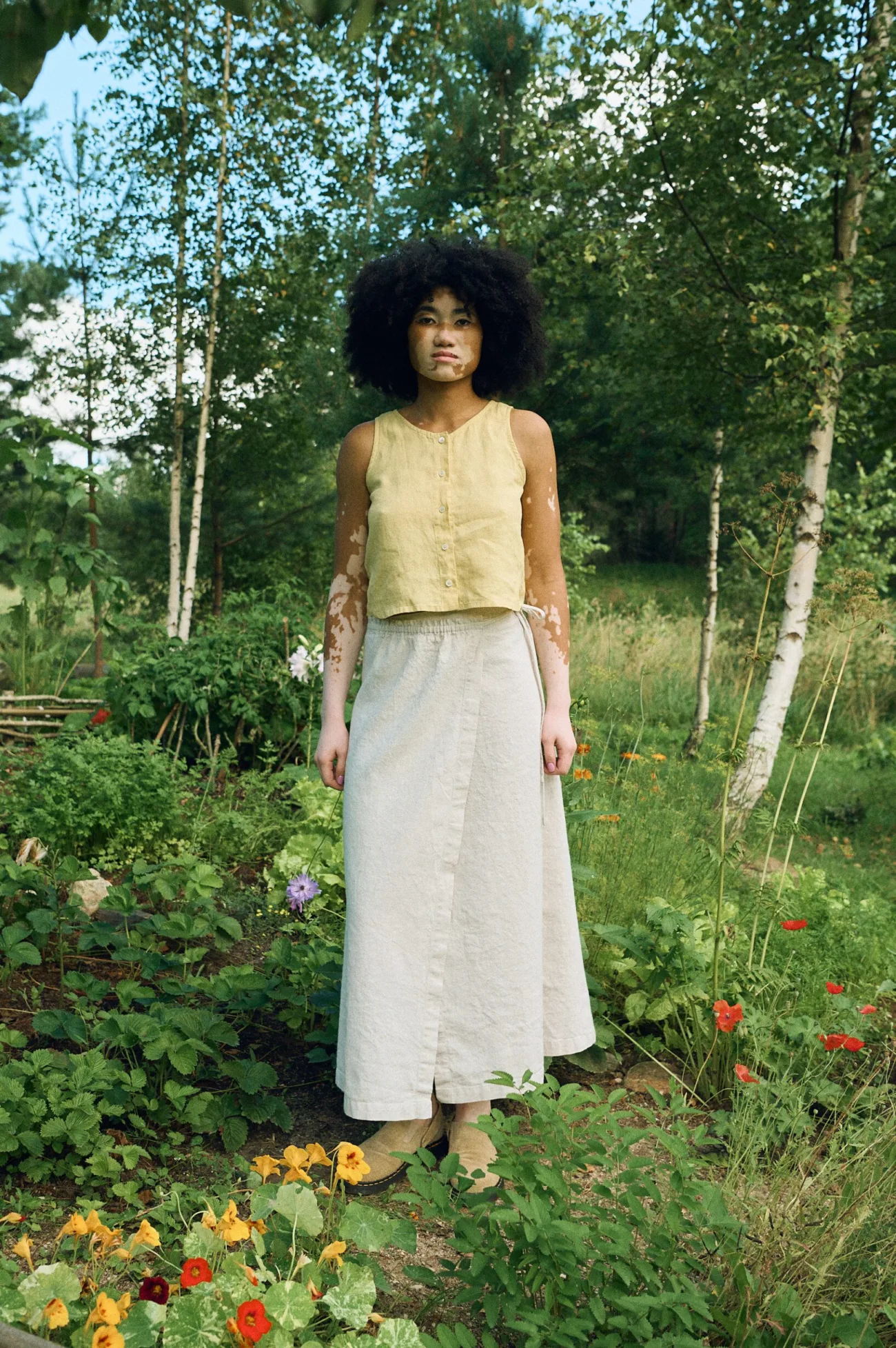 Butter linen cropped top paired with the natural cotton-linen long wrap skirt