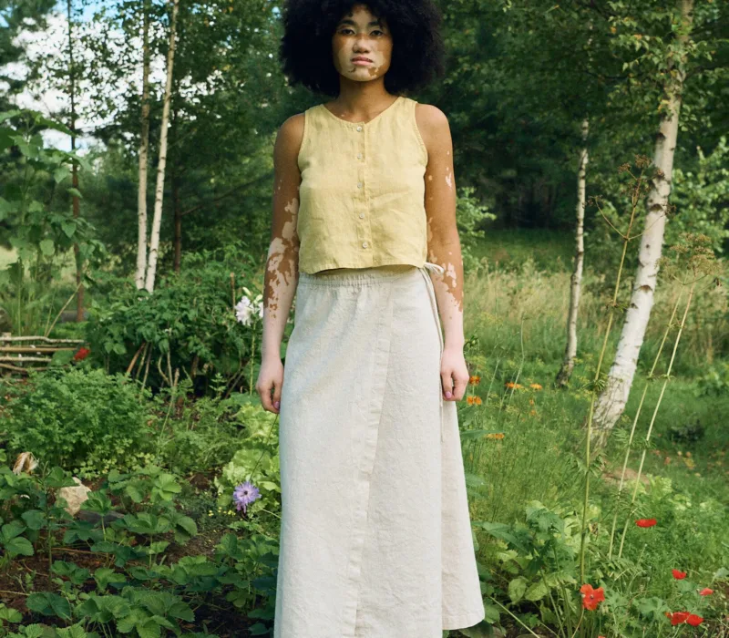 Butter linen cropped top paired with the natural cotton-linen long wrap skirt