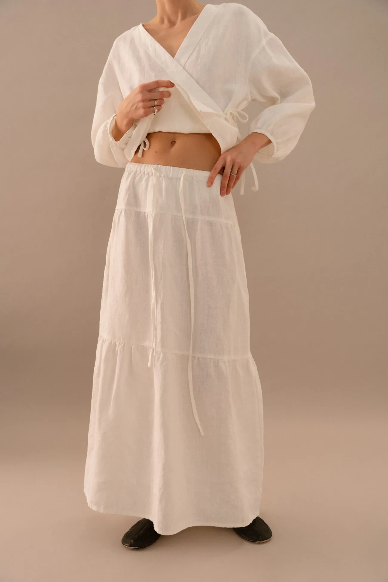 Milky white linen maxi skirt with elastic waistband and adjustable drawstring tie