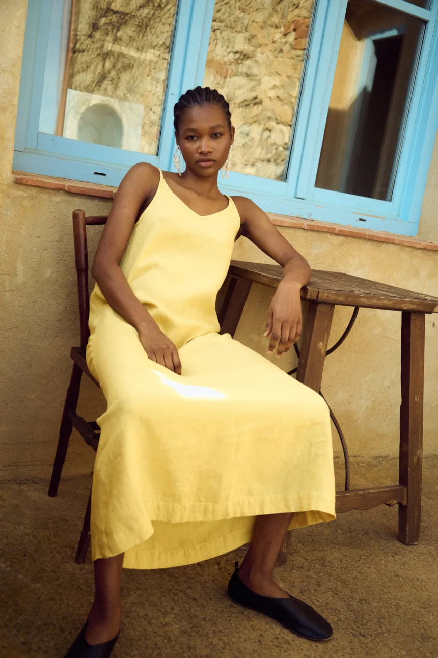 summer slip linen dress in butter yellow
