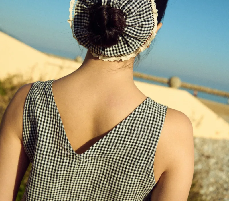 Black mini gingham linen scrunchie with soft gathers and delicate lace trim