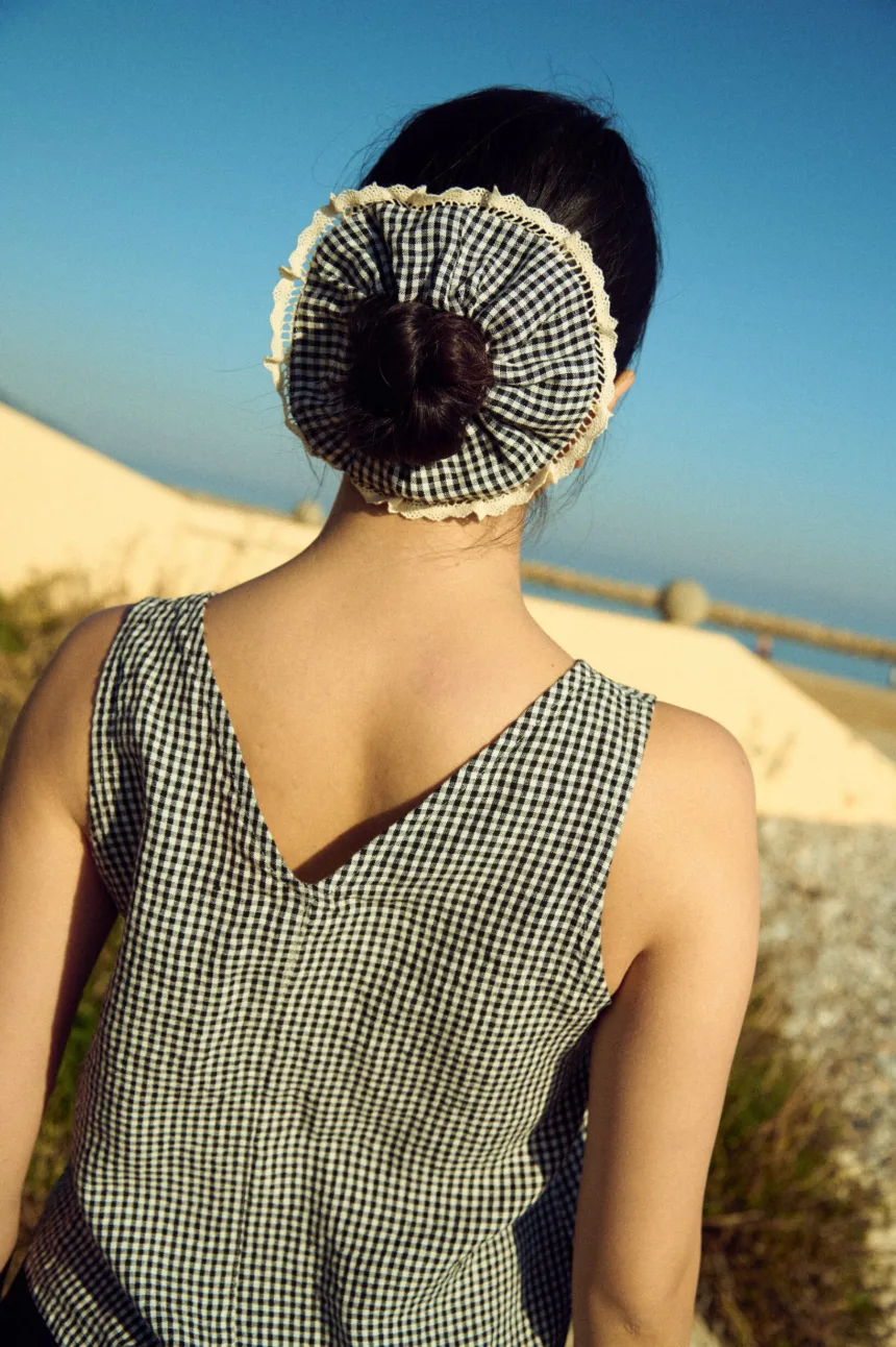 Black mini gingham linen scrunchie with soft gathers and delicate lace trim