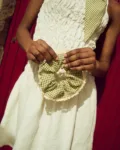 Moss green mini gingham linen scrunchie with full shape and fine lace edging