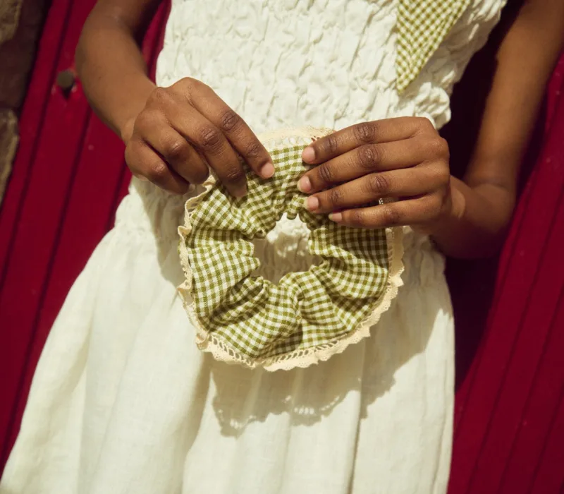 Moss green mini gingham linen scrunchie with full shape and fine lace edging