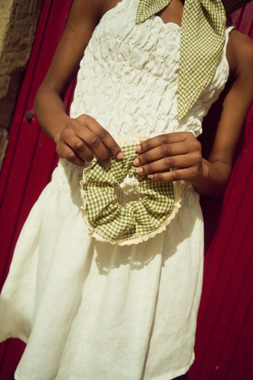 Moss green mini gingham linen scrunchie with full shape and fine lace edging